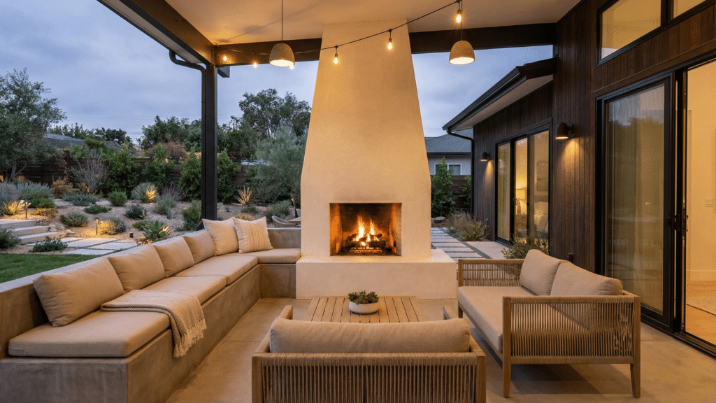 Outdoor plaster fireplace on patio with built-in seating