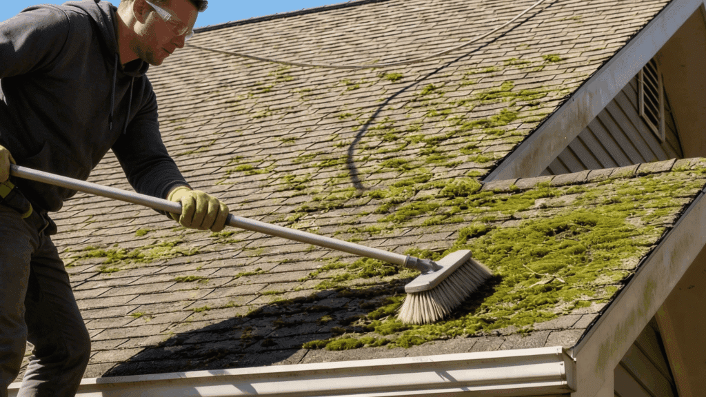 Person gently brushing moss off roof shingles with soft brush