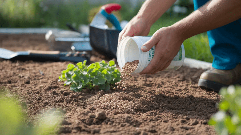 Person pouring granular fertilizer pellets onto soil around a small green plant in a sunny garden bed with tools nearby does fertilizer go bad.
