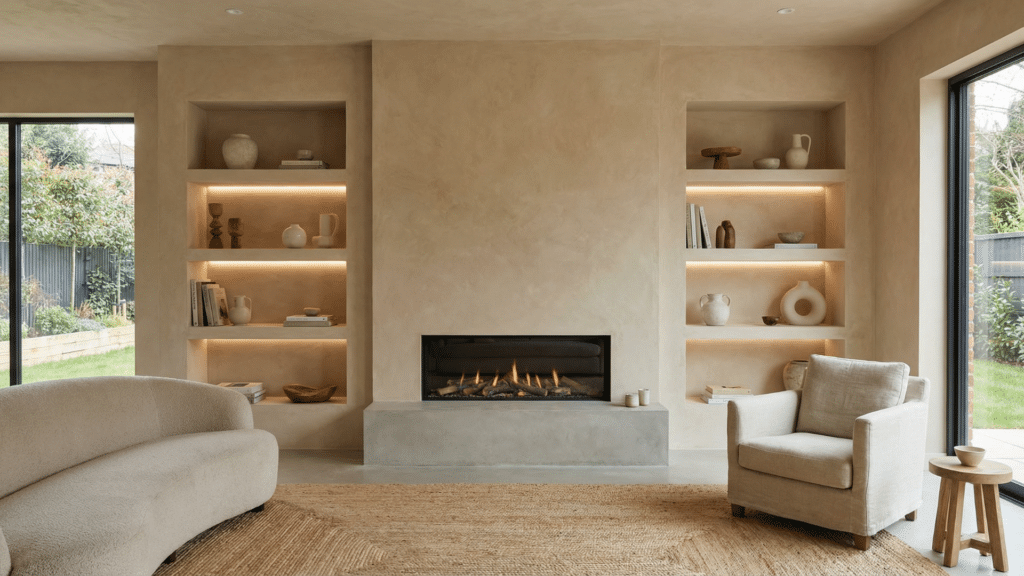 Plaster fireplace with built-in shelving and recessed lighting