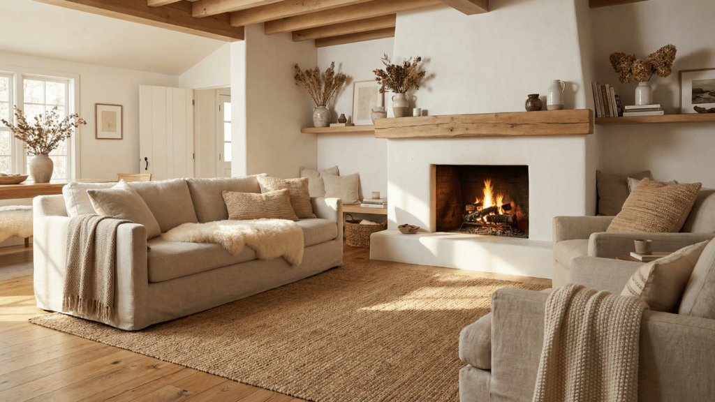 Plaster fireplace with contrasting natural wood mantel