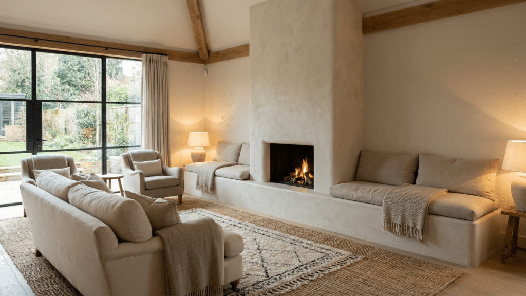 Plaster fireplace with extended hearth used as seating area