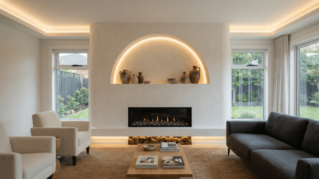 Plaster fireplace with recessed niche and decorative accents