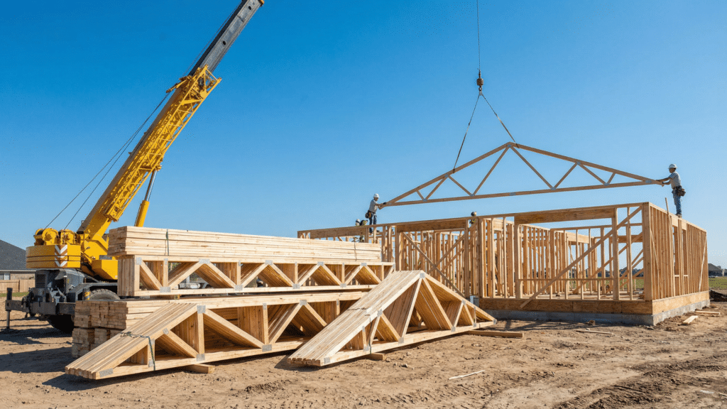 Prefabricated wooden roof trusses being installed on a house