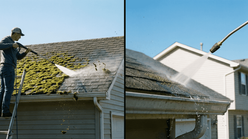 Pressure washing moss off roof showing risk of shingle damage and water intrusion