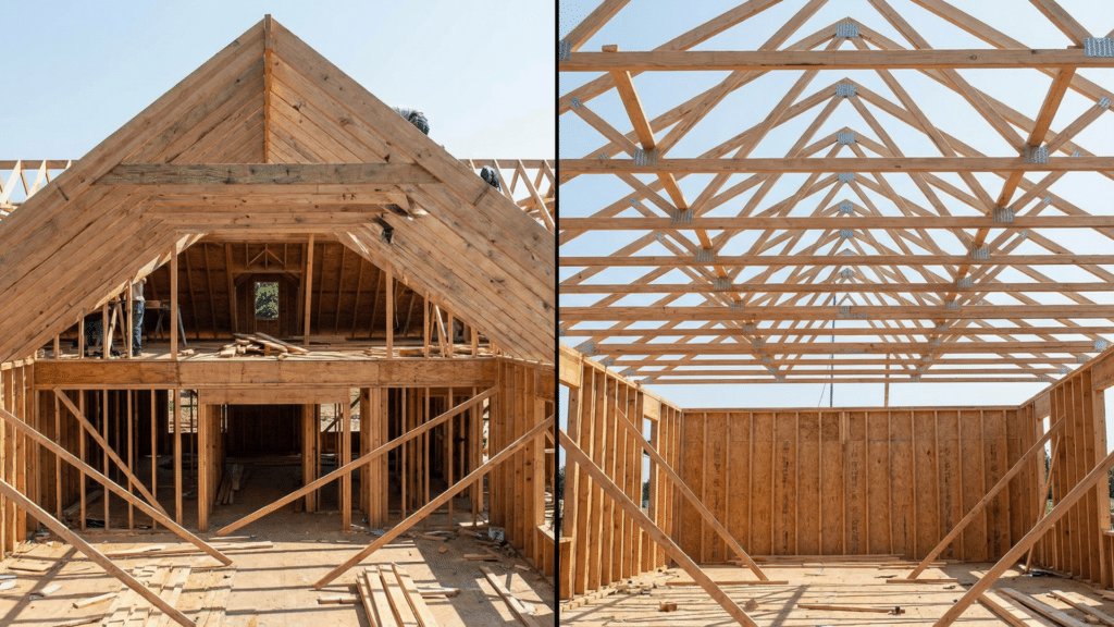 Side-by-side comparison of roof rafters and roof trusses during construction