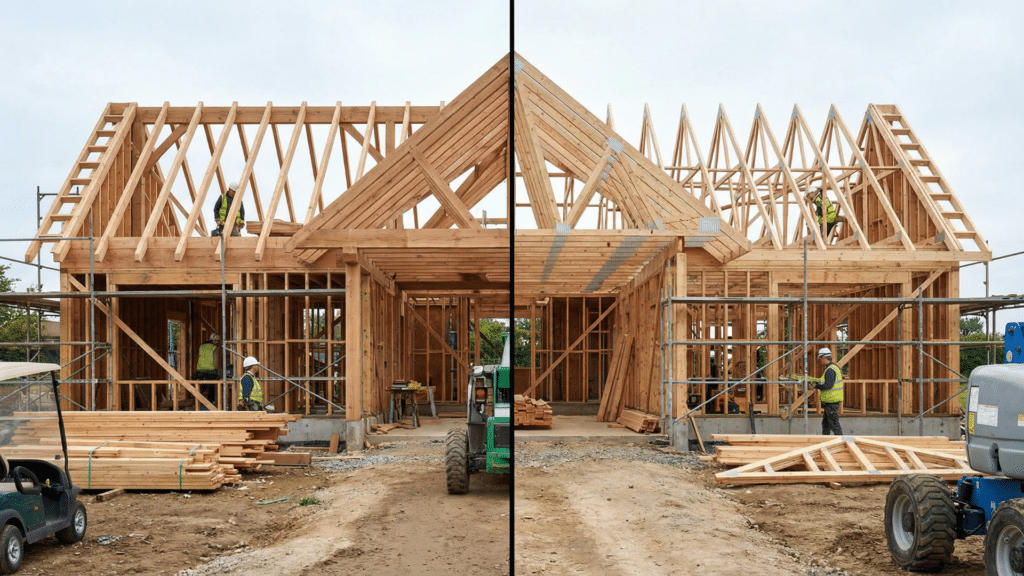 Rafters vs Trusses: Which is Better? Side by side comparison of roof rafters and roof trusses during residential construction