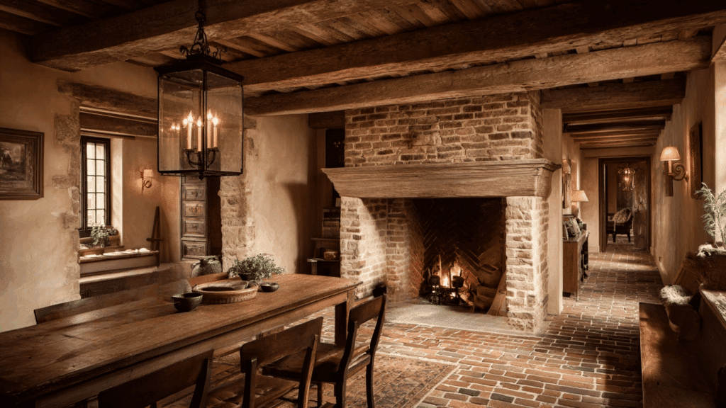 Traditional keeping room with beams, fireplace, and stone floor