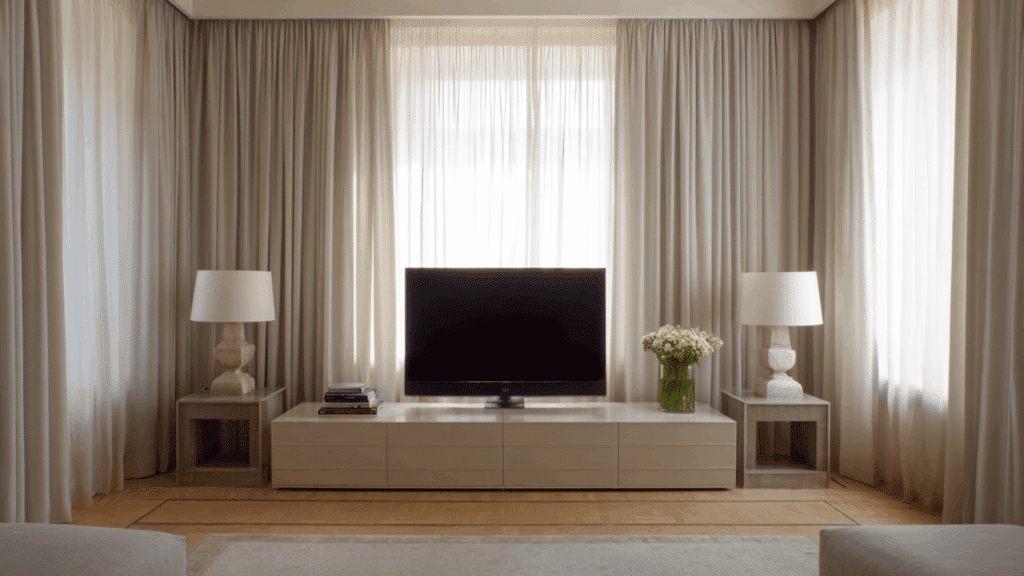 Well-designed TV setup in front of window with curtains