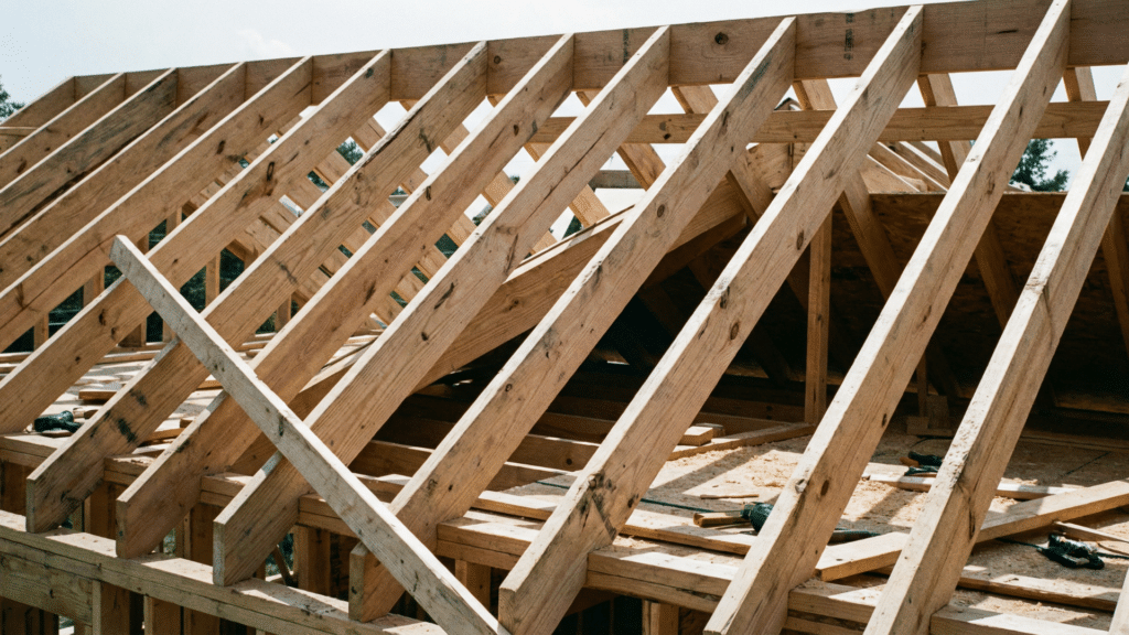 Wooden roof rafters installed on-site in a residential home