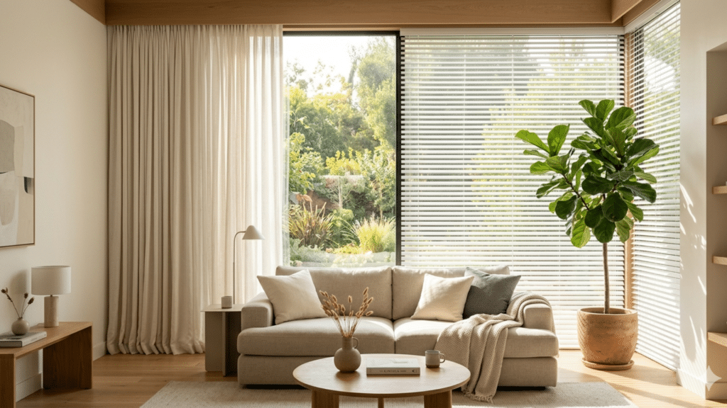 a bright living room with sofa and curtains on left and white blinds on right window showing comparison