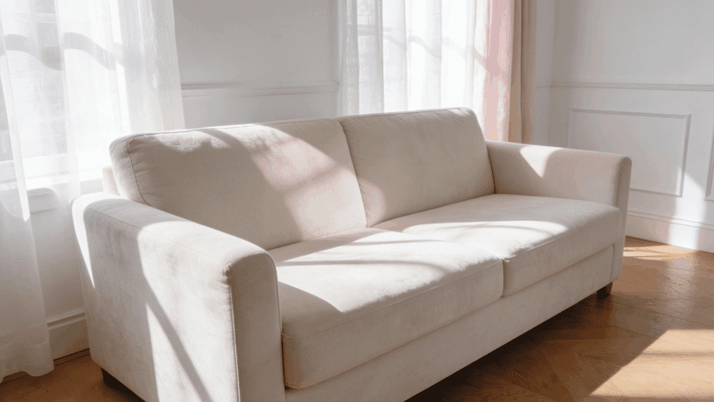 a clean beige fabric sofa near window with sunlight showing how to clean fabric couch at home eas