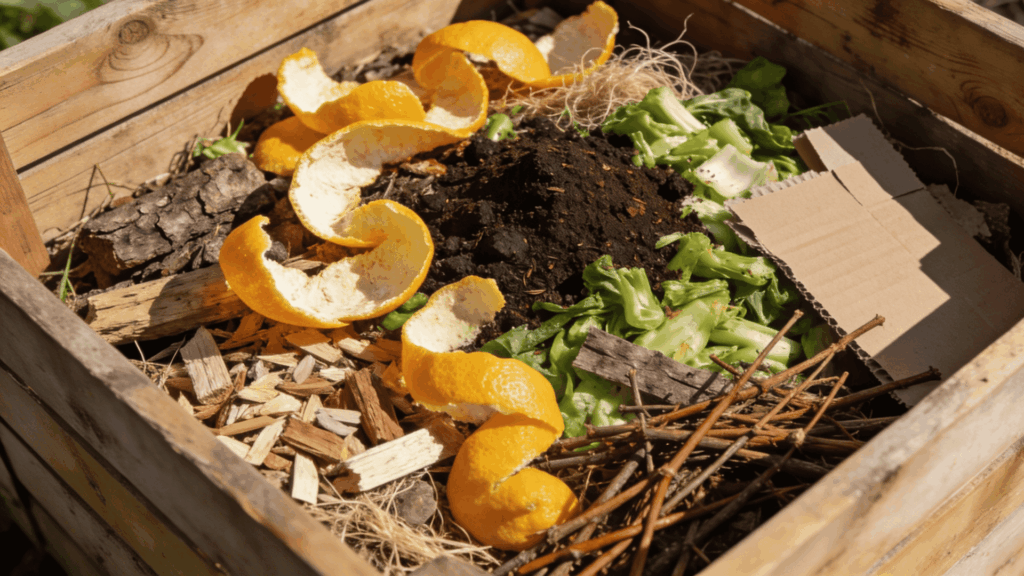 a compost bin filled with orange peels vegetable scraps cardboard and soil in a wooden container outdoors