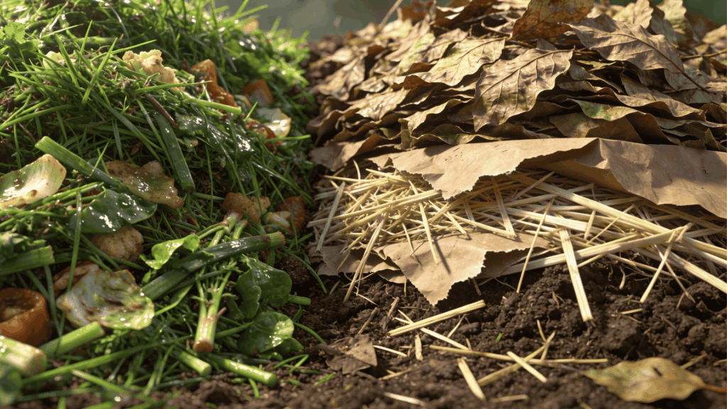 a compost pile showing green kitchen scraps and brown dry leaves and straw layered on soil outdoors in sunlight