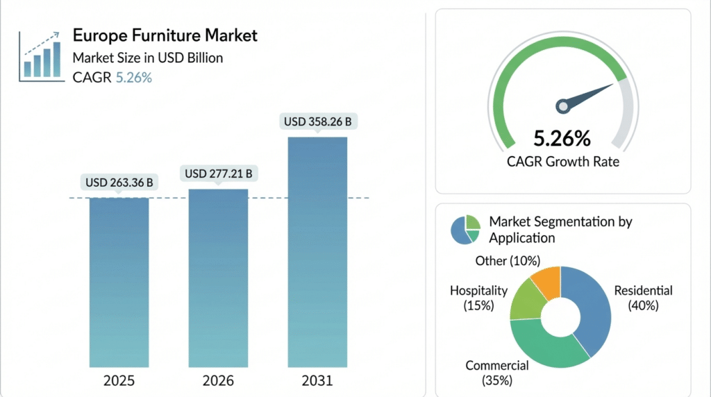 a data chart showing europe furniture market growth with bars increasing over years and a gauge indicating growth rate and segments