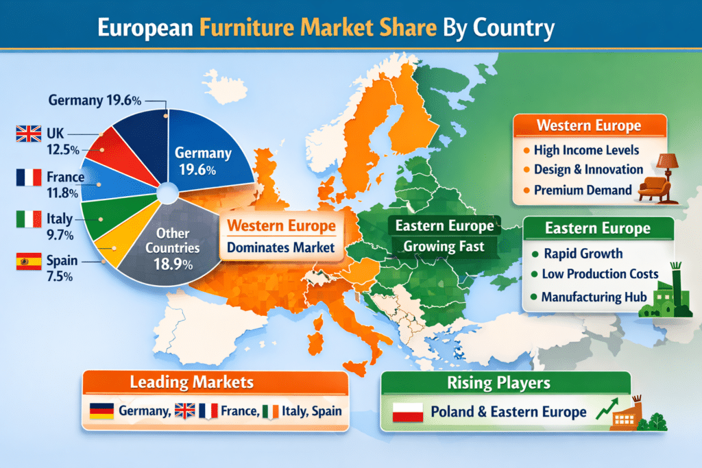a map of europe showing furniture market share by country with germany leading and western europe highlighted as dominant region
