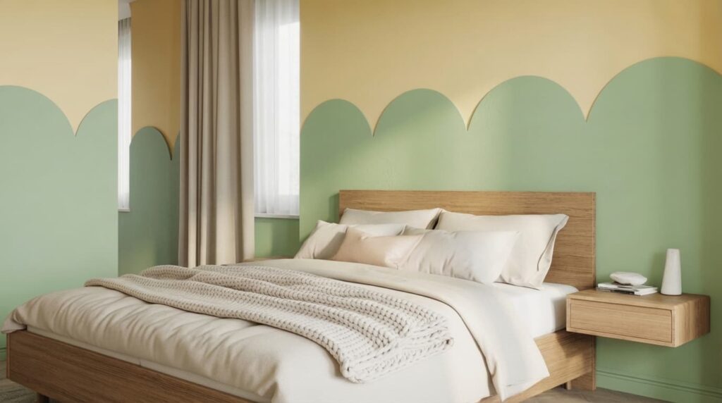 a minimalist bedroom with wooden bed cream bedding folded knit blanket floating nightstand and soft green yellow wall