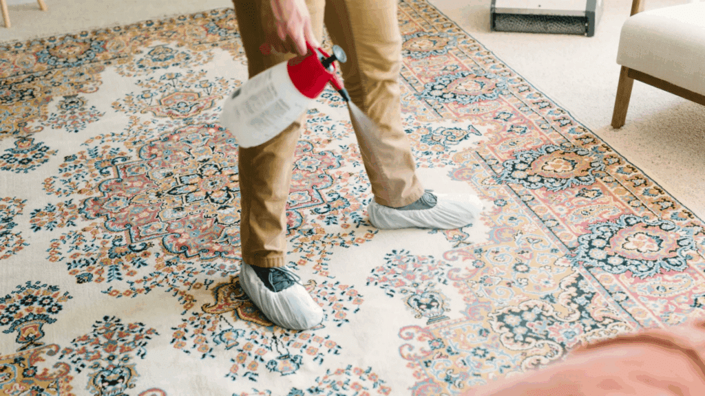 a person spraying cleaning solution on a patterned rug showing how to clean a wool rug safely at home