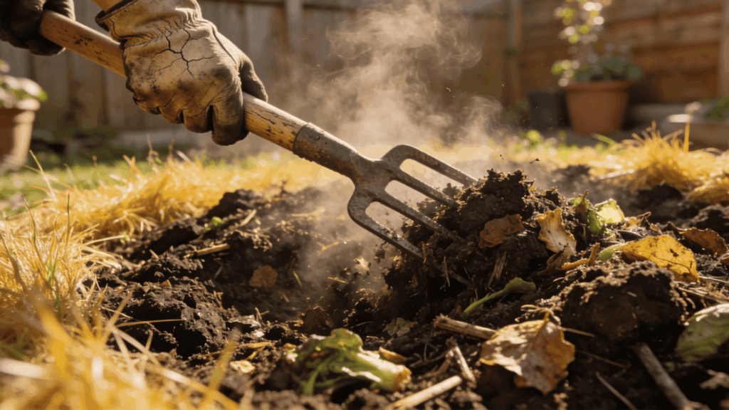 a person wearing gloves using a pitchfork to turn steaming compost with food scraps and leaves in a backyard garden