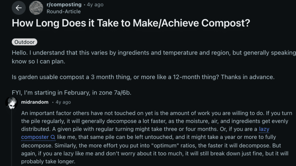 a screenshot of a reddit post asking how long it takes to make compost with detailed responses visible