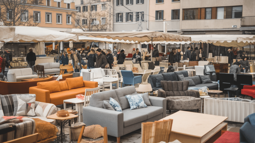 an outdoor market with many sofas chairs and tables arranged closely while people walk and browse furniture under covered stalls