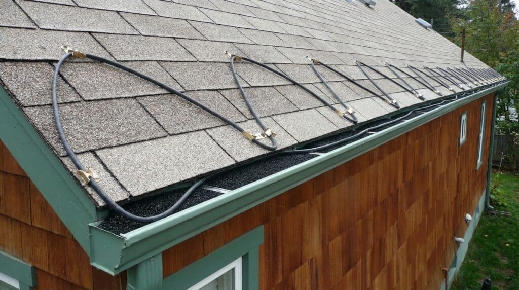 angled roof with asphalt shingles and black heating cables secured in zigzag pattern along edge above gutter on wooden house