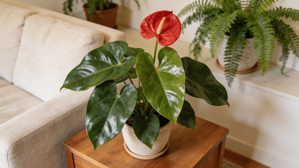 anthurium plant with red flower on wooden table