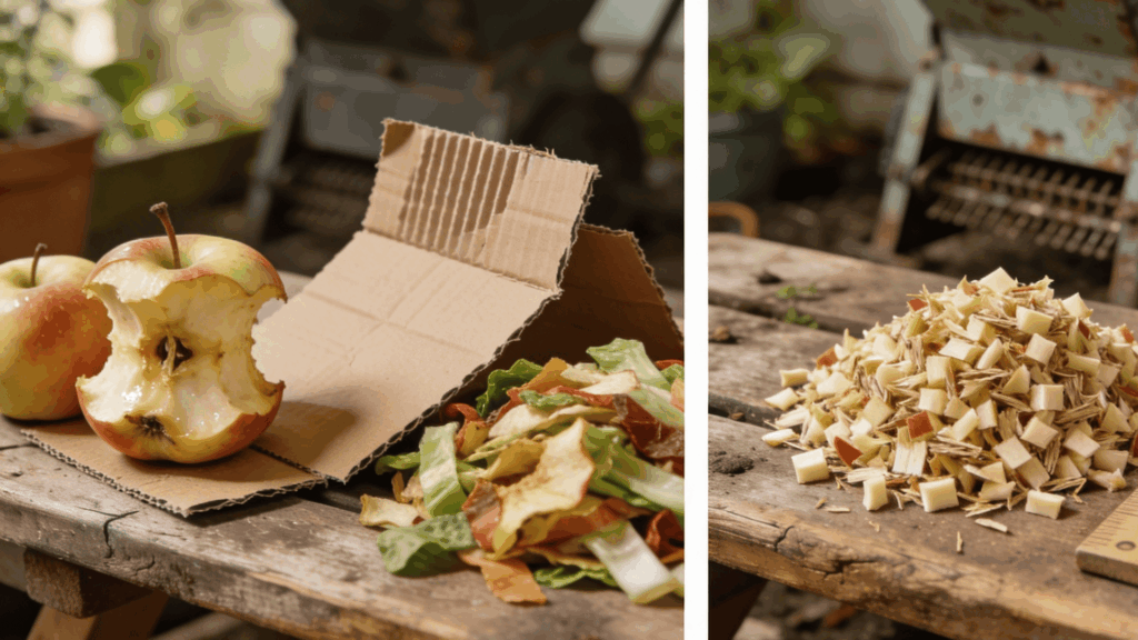 apple cores cardboard and vegetable scraps beside chopped compost materials on a wooden table outdoors