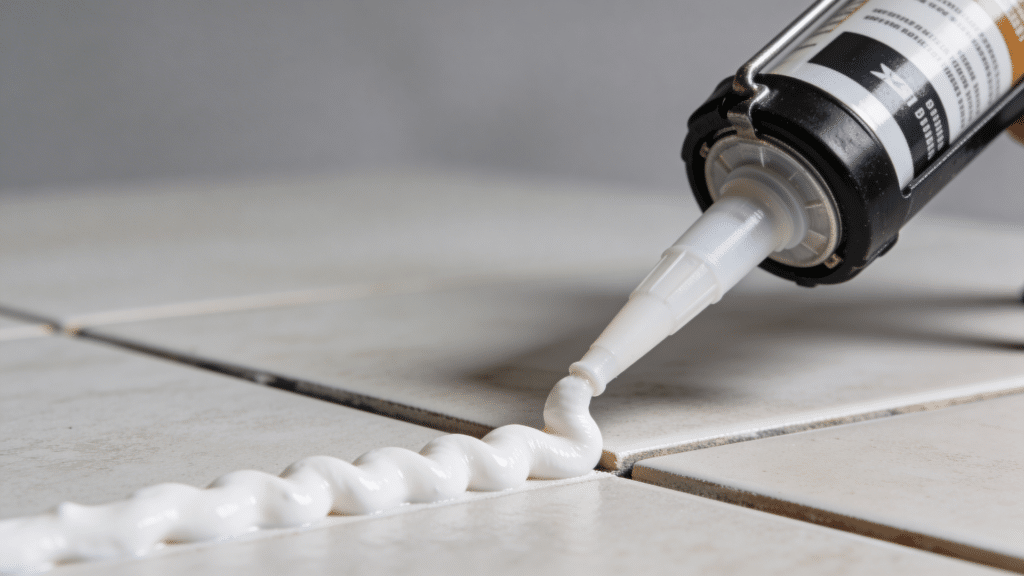 applying caulk bead along tile joint evenly