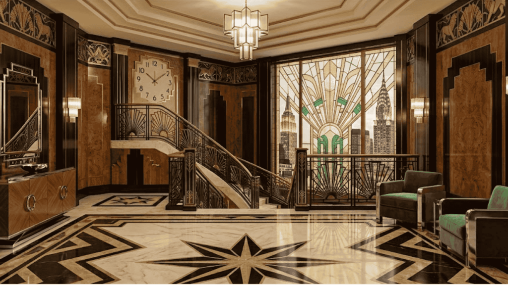 art deco interior design featuring geometric patterns stained glass window and symmetrical architecture
