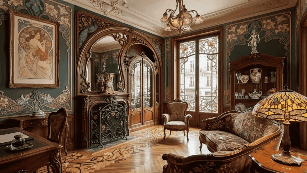 art nouveau interior design with curved wood furniture stained glass windows and floral wall patterns