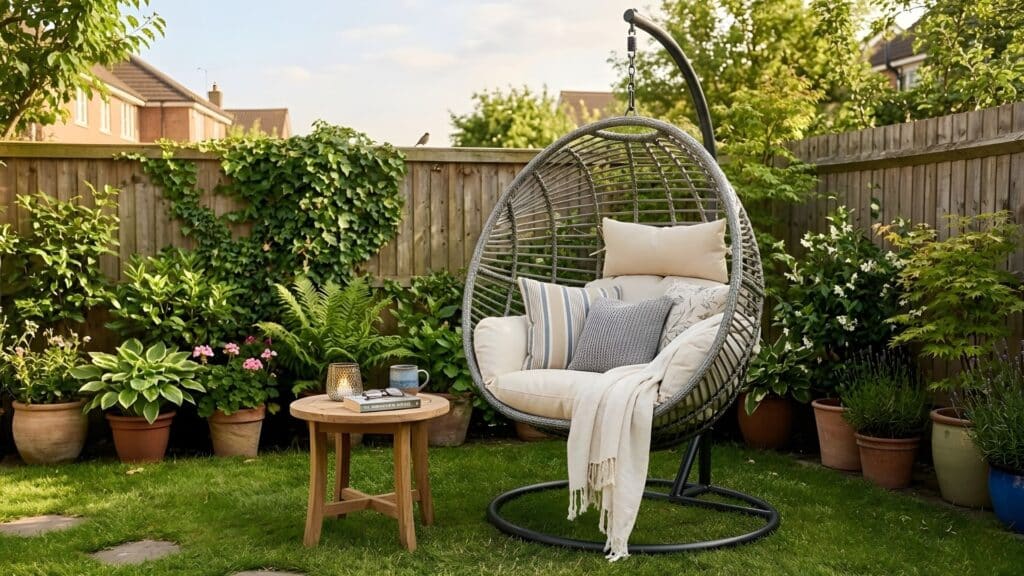 backyard oasis idea with cozy egg chair seating corner surrounded by plants and lawn