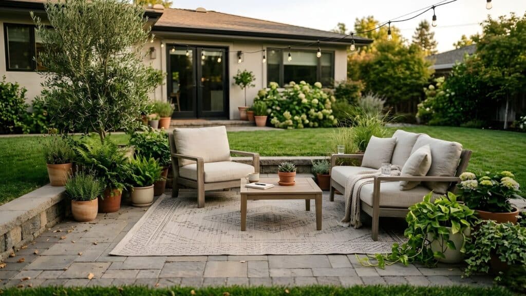 backyard oasis idea with cozy patio seating area outdoor rug and plants in relaxing backyard space