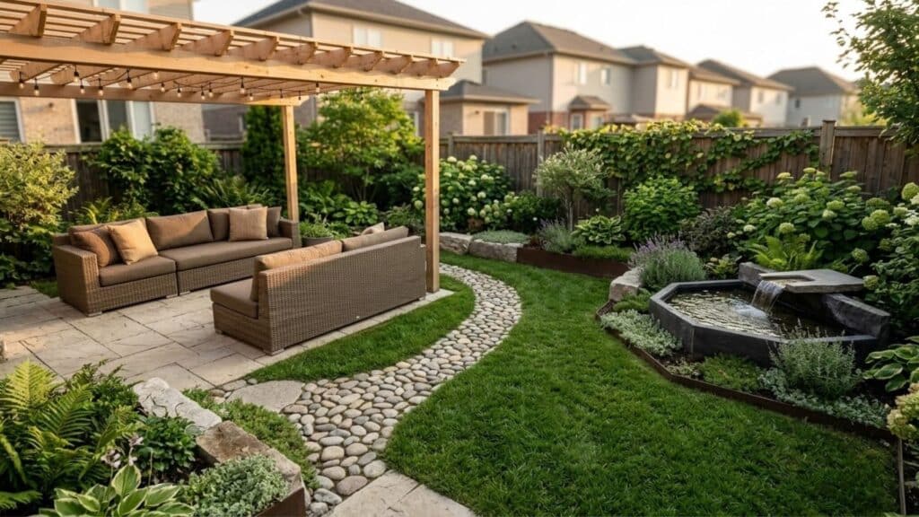 35 Backyard Oasis Ideas for a Relaxing Outdoor Escape backyard oasis idea with cozy seating pergola lights plants and relaxing outdoor backyard space