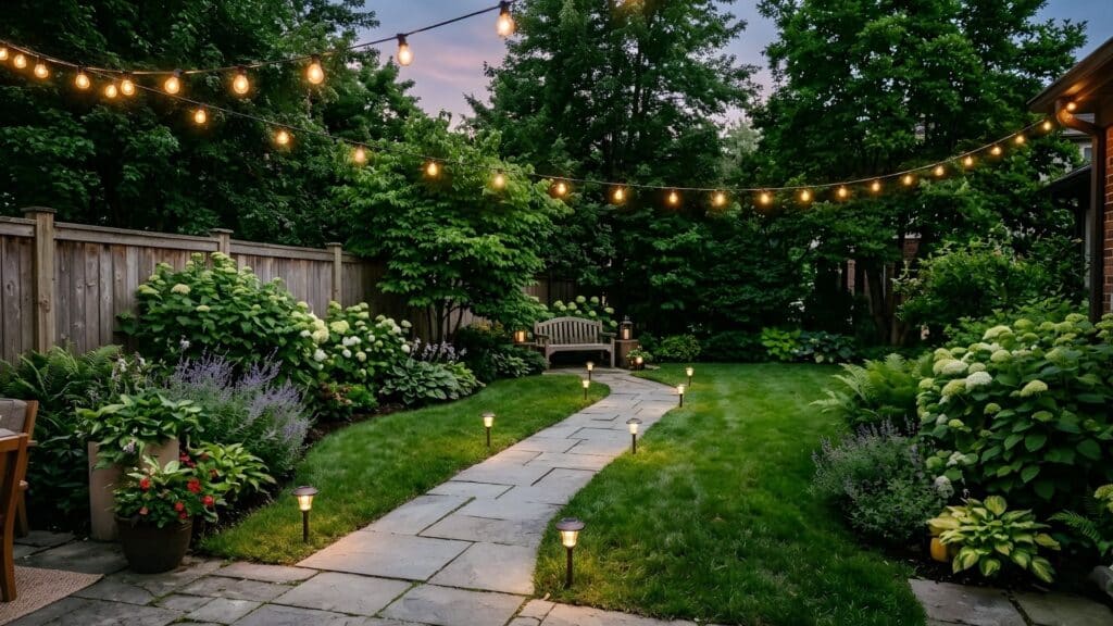 backyard oasis idea with garden pathway lined with warm lights and plants creating cozy evening backyard space