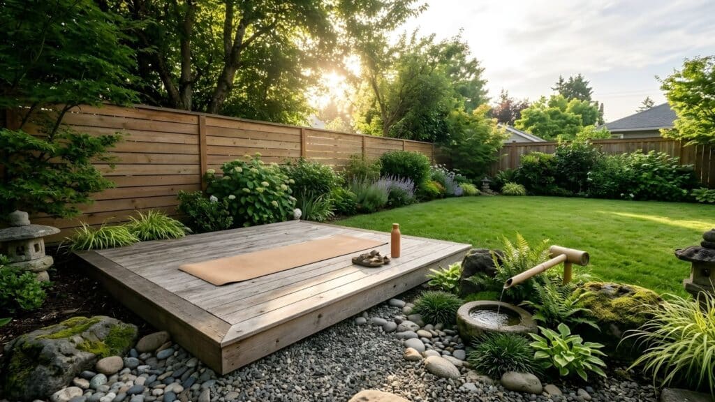 backyard oasis idea with peaceful backyard yoga space wooden deck and plants for relaxation