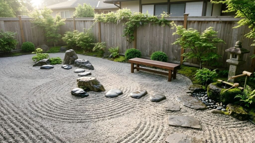 backyard oasis idea with peaceful zen garden gravel stones and wooden meditation bench