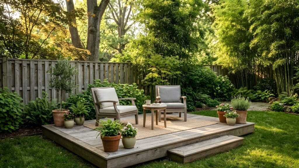 backyard oasis idea with rustic wooden deck lounge seating and relaxing backyard space
