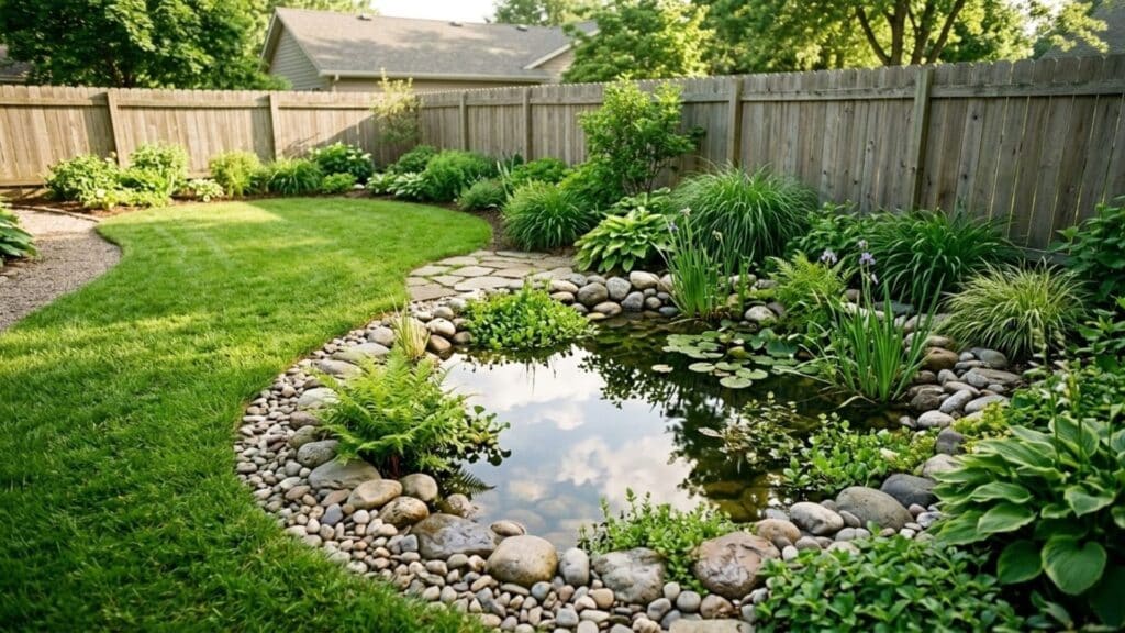 backyard oasis idea with small garden pond natural stones and plants creating peaceful backyard