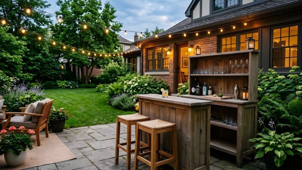 backyard oasis idea with small outdoor bar counter stools and cozy patio seating area