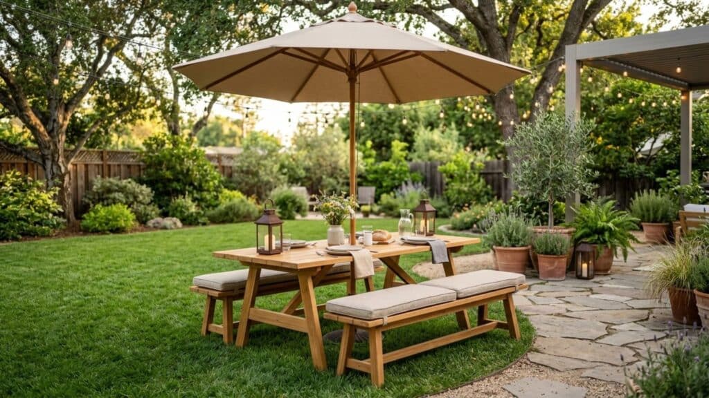 backyard picnic area with wooden table umbrella and lanterns surrounded by greenery backyard oasis ideas