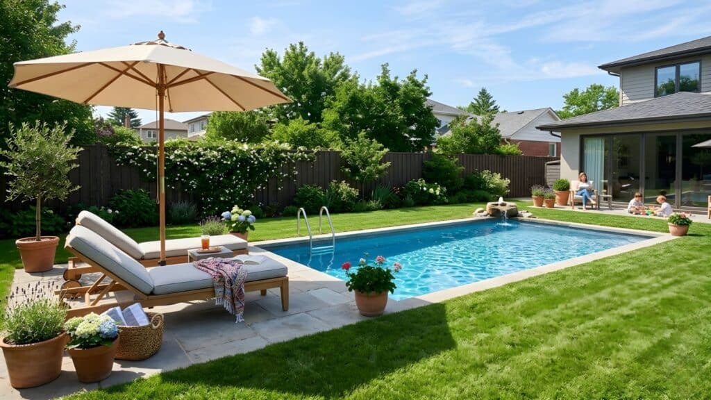 backyard pool with lounge chairs and umbrella highlighting modern backyard oasis ideas for summer comfort