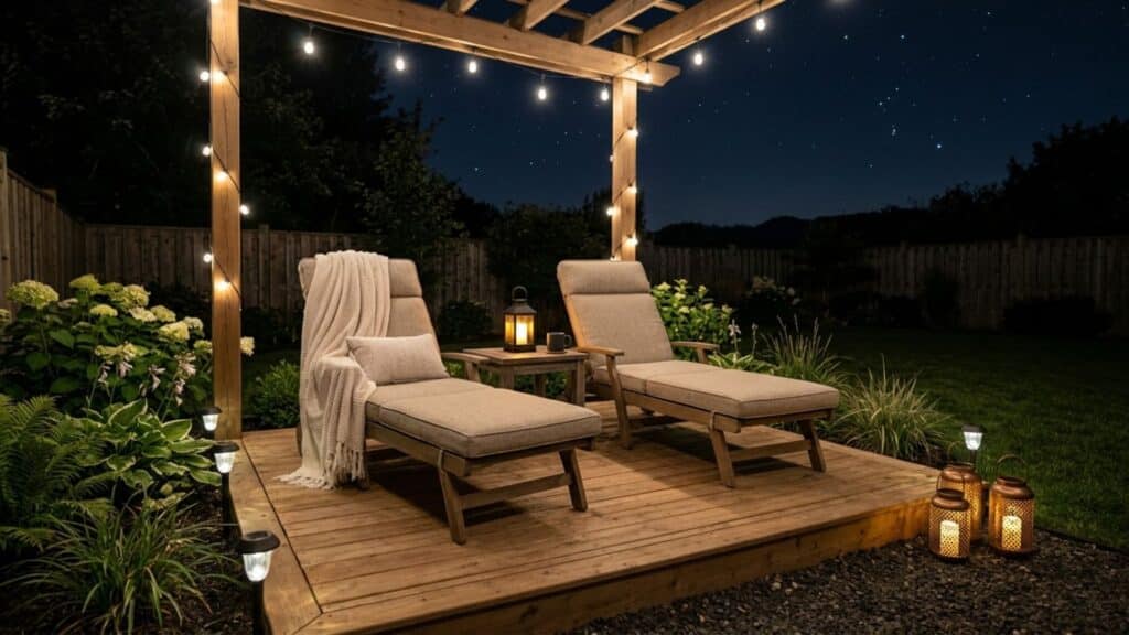 backyard stargazing corner with lounge chairs pergola lights and night sky creating backyard oasis ideas