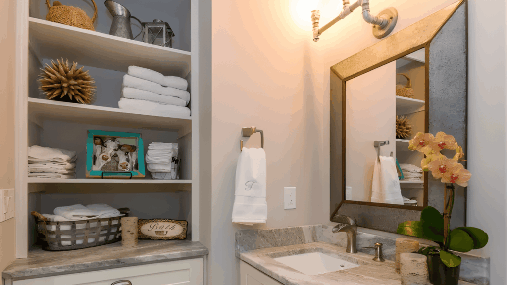 bathroom vanity with marble countertop framed mirror wall light and open shelves storing towels and decor in cozy japanese bathroom design