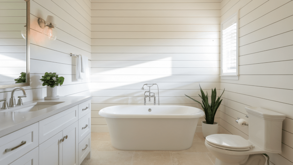 bathroom with white shiplap walls showing a clear example of what is shiplap used in modern bathroom interior design