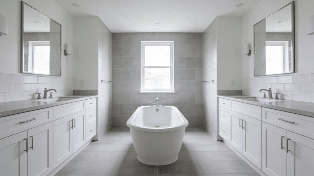bathtub centered in modern spacious bathroom