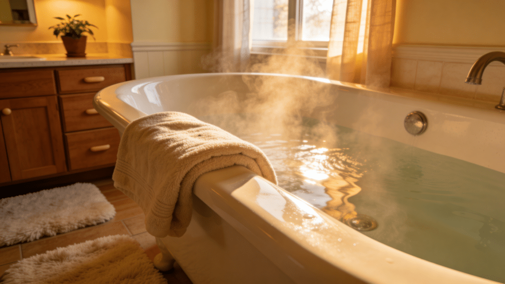 bathtub filled with warm water steam and towel