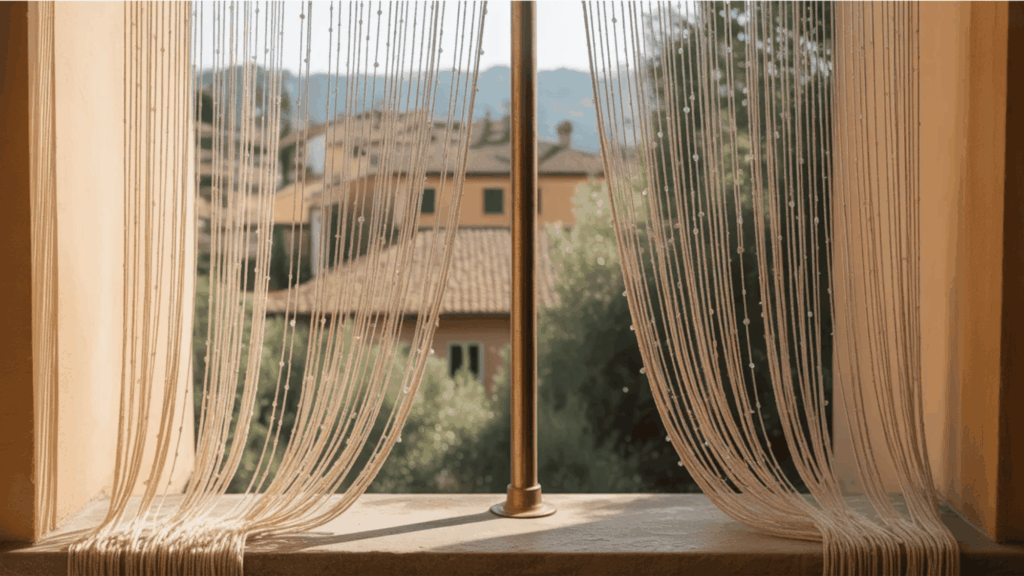 beaded string window curtains hanging on rod with outdoor village view and sunlight shining through strands curtain styles