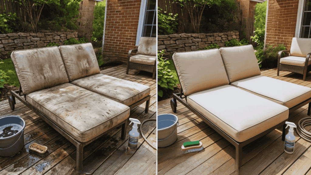 How to Clean Outdoor Cushions the Right Way? before+and+after+view+of+outdoor+cushions+showing+dirty+stained+surface+showing+how+to+clean+outdoor+cushions+(1)