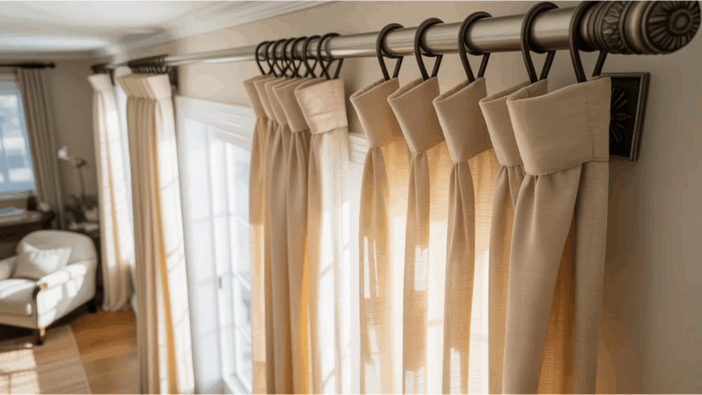 beige pleated curtains hanging on metal rings along window letting warm sunlight into cozy living room curtain styles